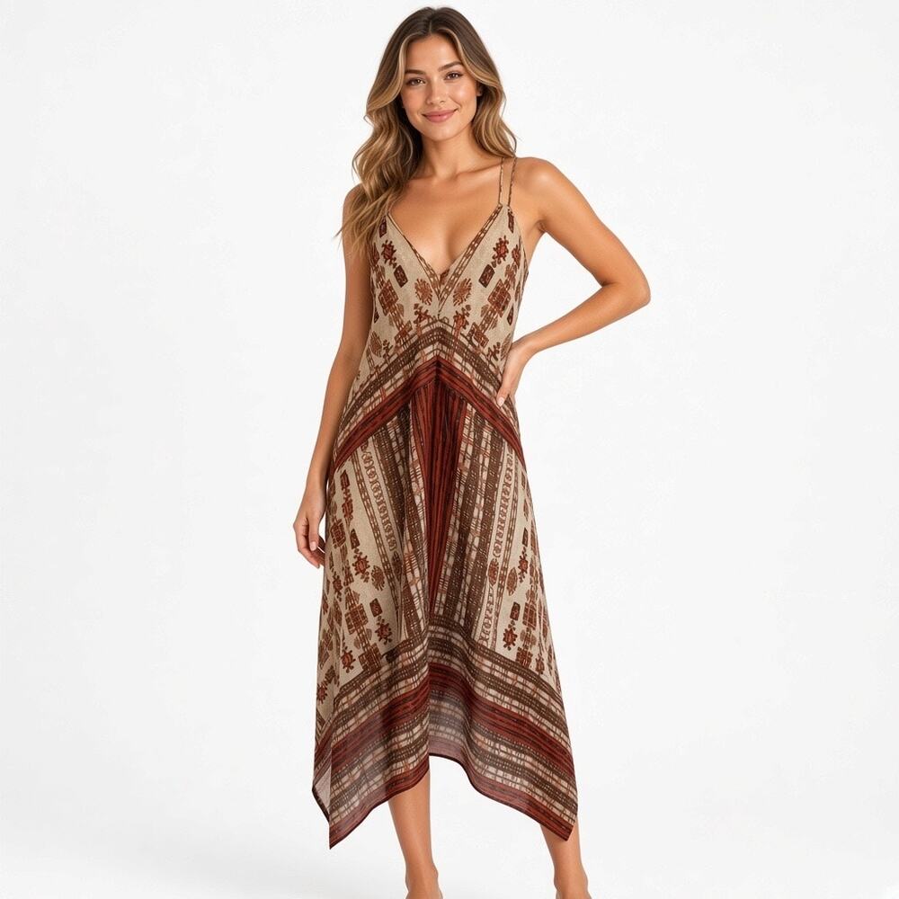 Lucky Brand Boho Tribal Print Handkerchief Hem Midi Dress Strappy Back Medium